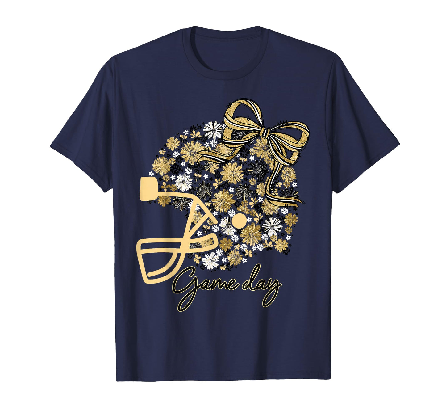 Floral Football Game Day Girly Bow Team Spirit Black & Gold T-Shirt