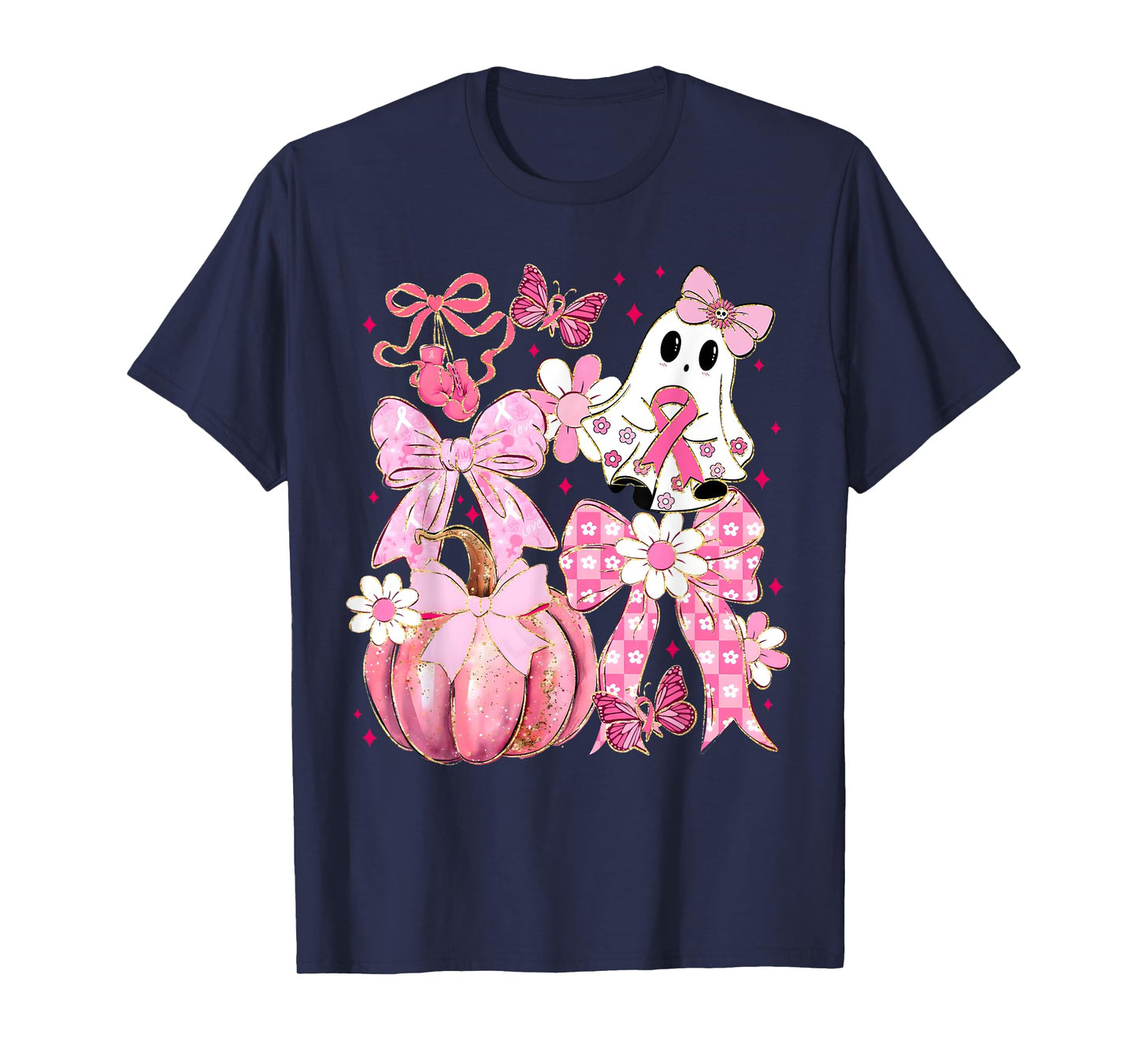 Pink Coquette Bow Ghost Halloween Breast Cancer Awareness T-Shirt