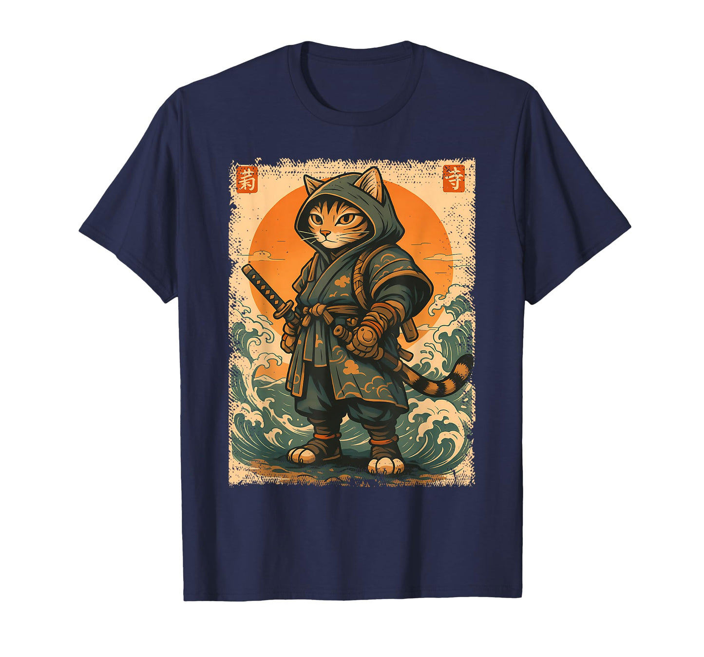 Samurai Cat Katana Warrior Vintage Japanese Cat Anime T-Shirt