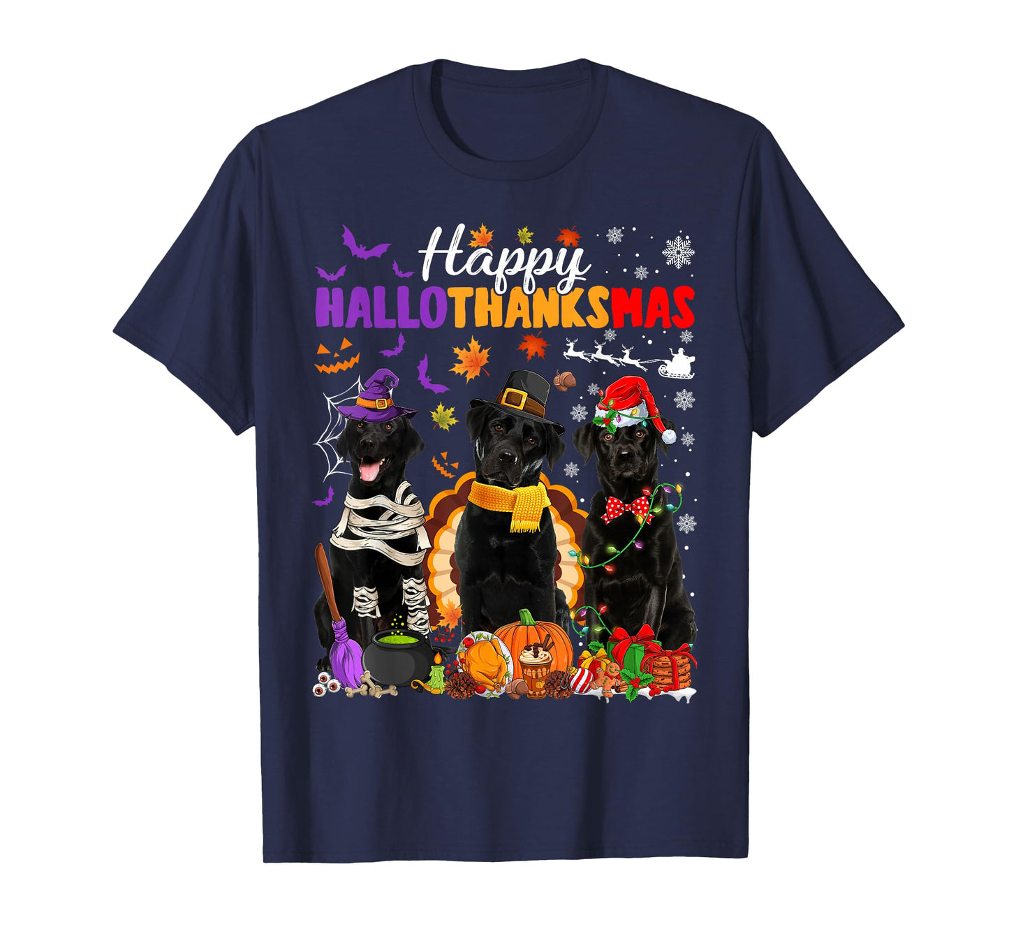 Witch Pilgrim Turkey Santa Black Labrador Dog HalloThanksMas T-Shirt