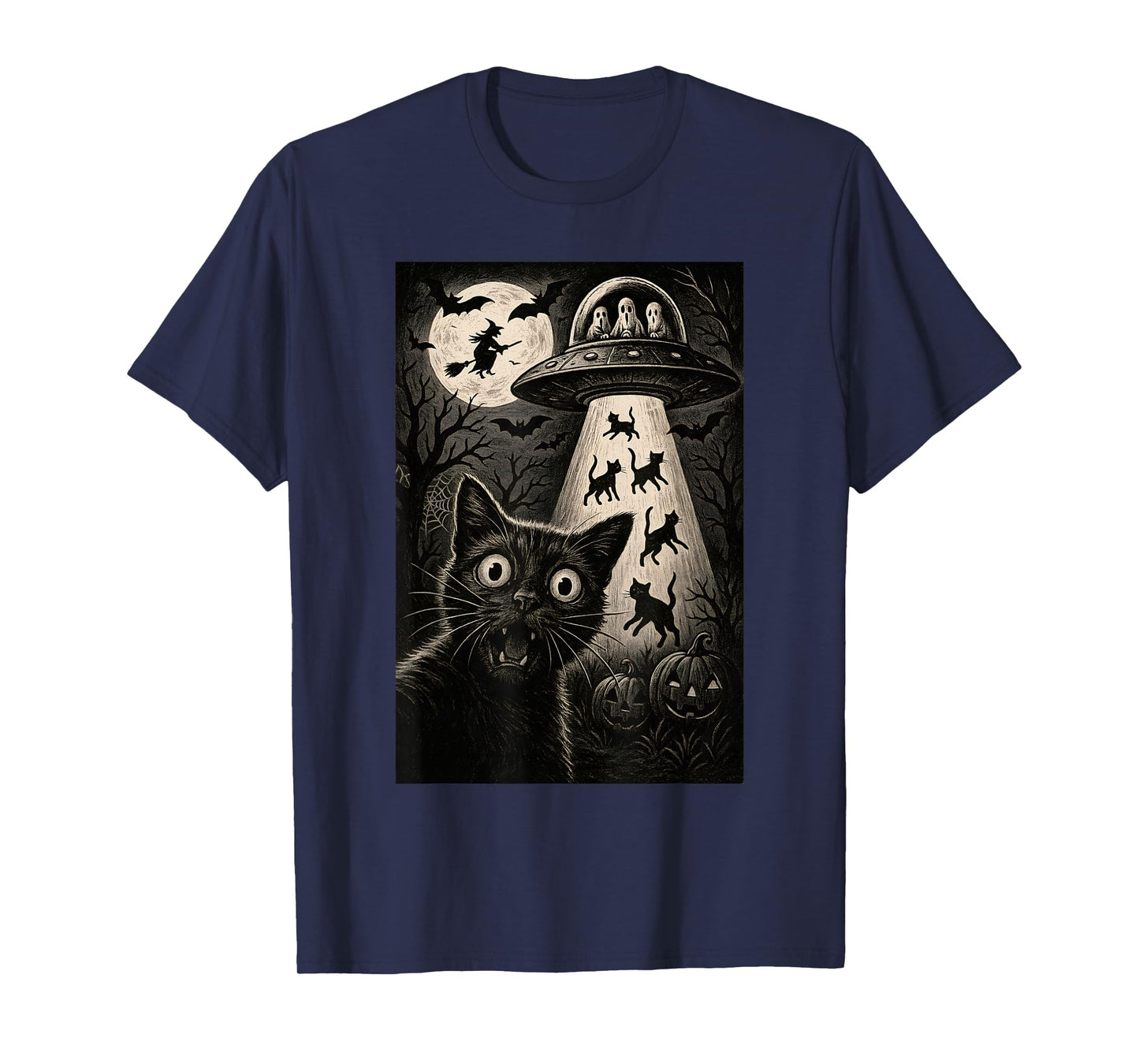 Halloween Cat Selfie Scary Alien Abduction Cats UFO Flying T-Shirt