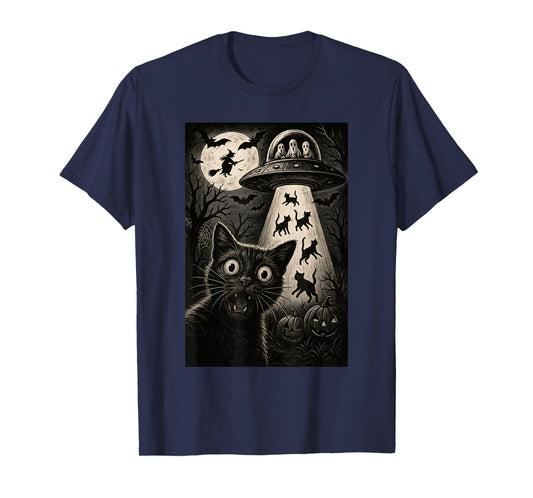 Halloween Cat Selfie Scary Alien Abduction Cats UFO Flying T-Shirt