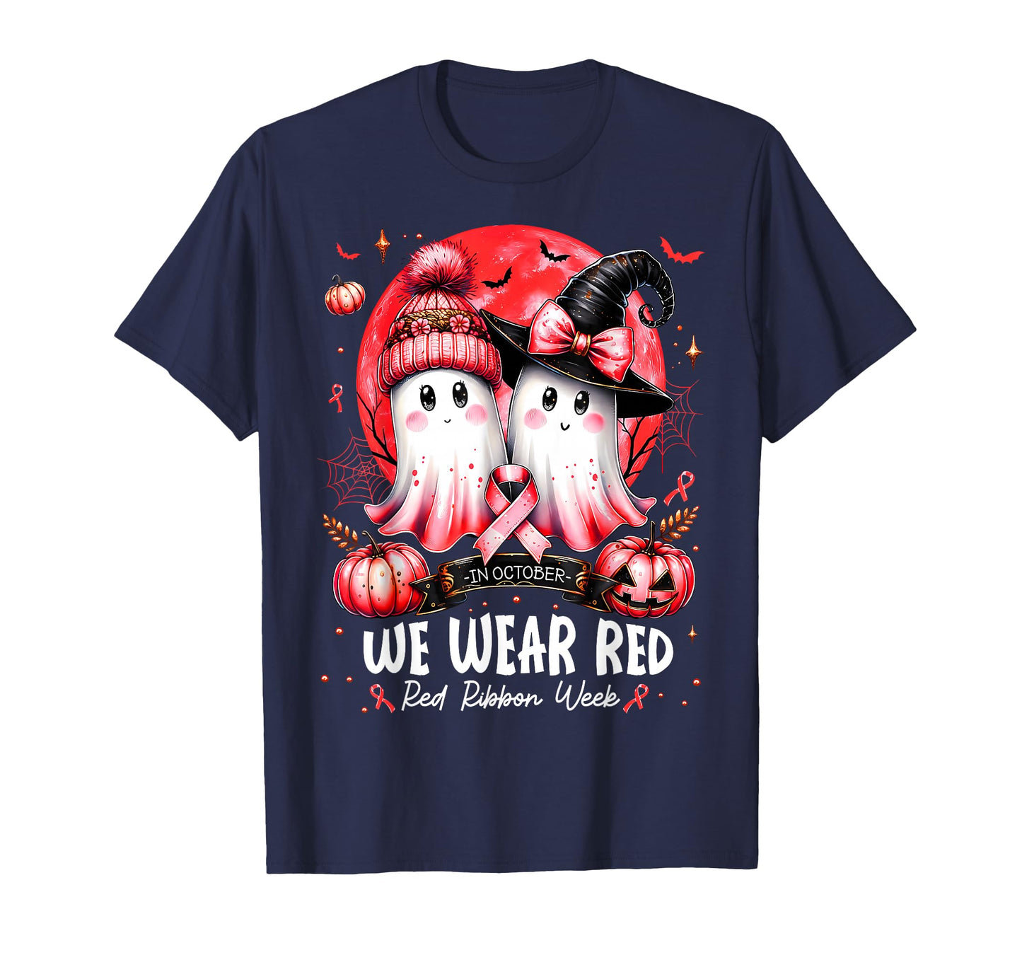 in October We Wear Red Ghost Witch Red Ribbon Week Halloween T-Shirt