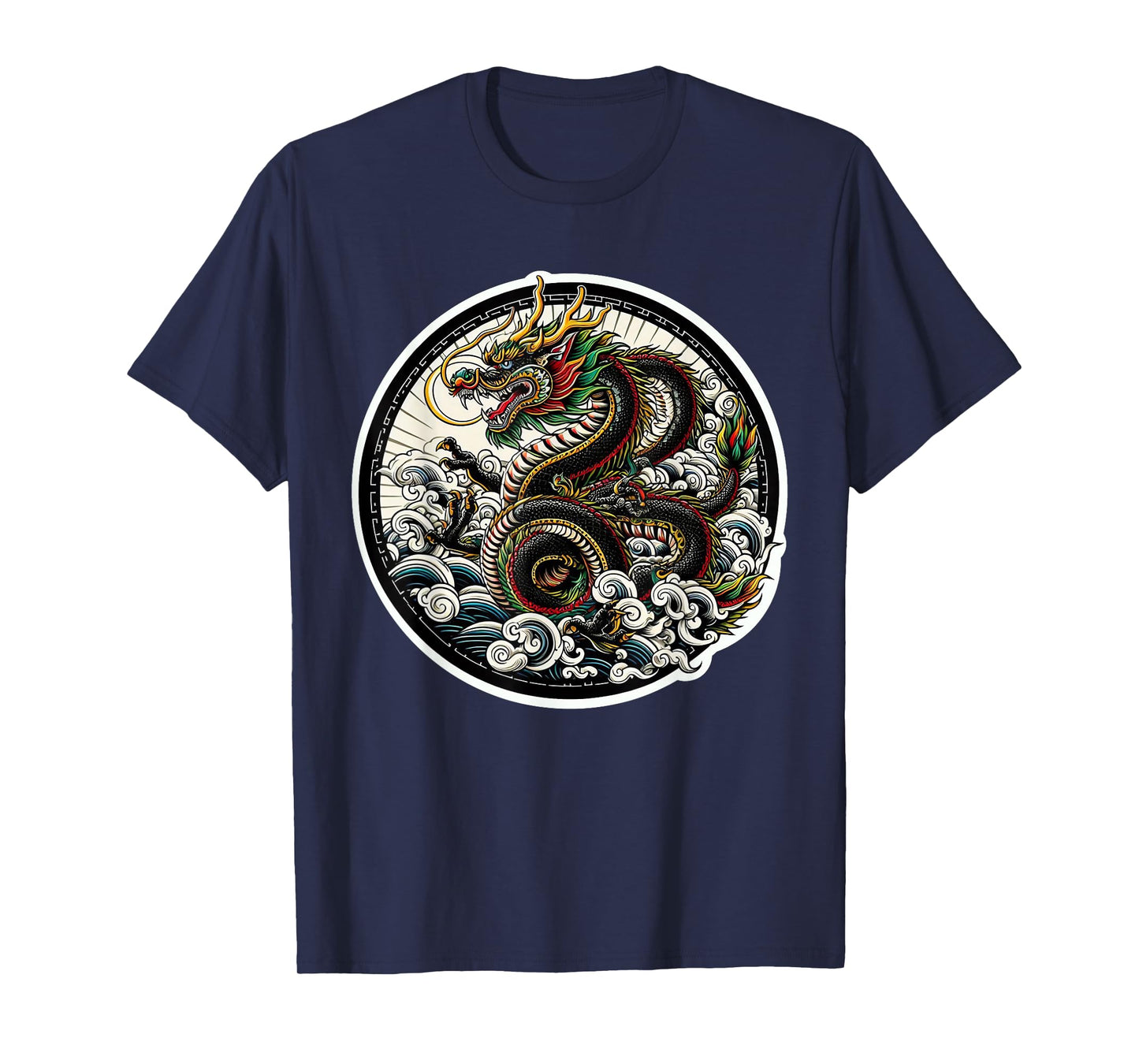 xDevery Asian Dragon Green Lucky Tattoo Design Colourful Vivid T-Shirt, Small, Black