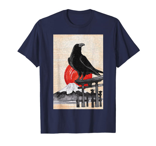 Japanese Style Red Moon Raven Graphic Black Crow Occult Goth T-Shirt