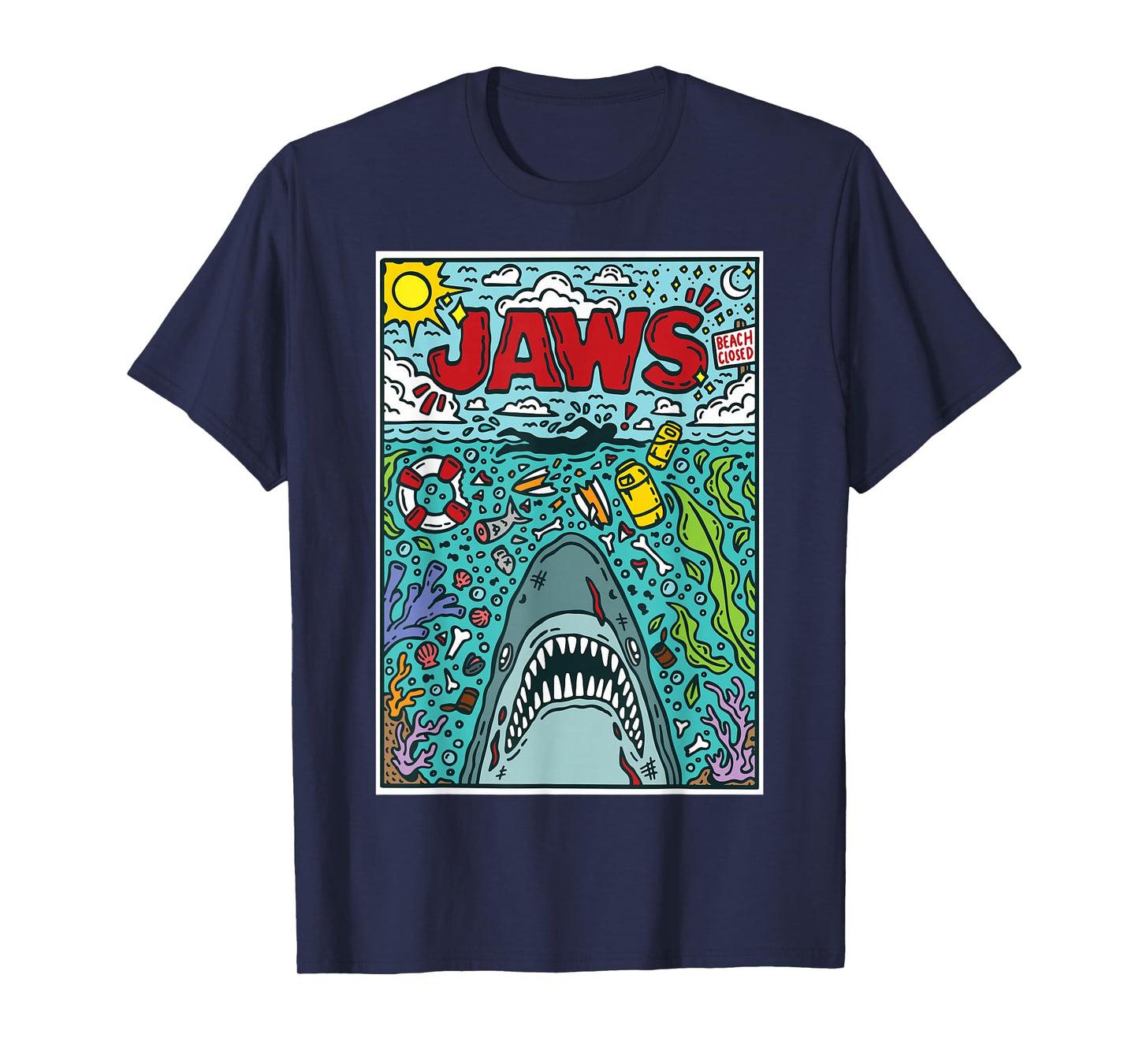 Jaws 50th Anniversary Poster Comic Chaos Style 2-Sided T-Shirt