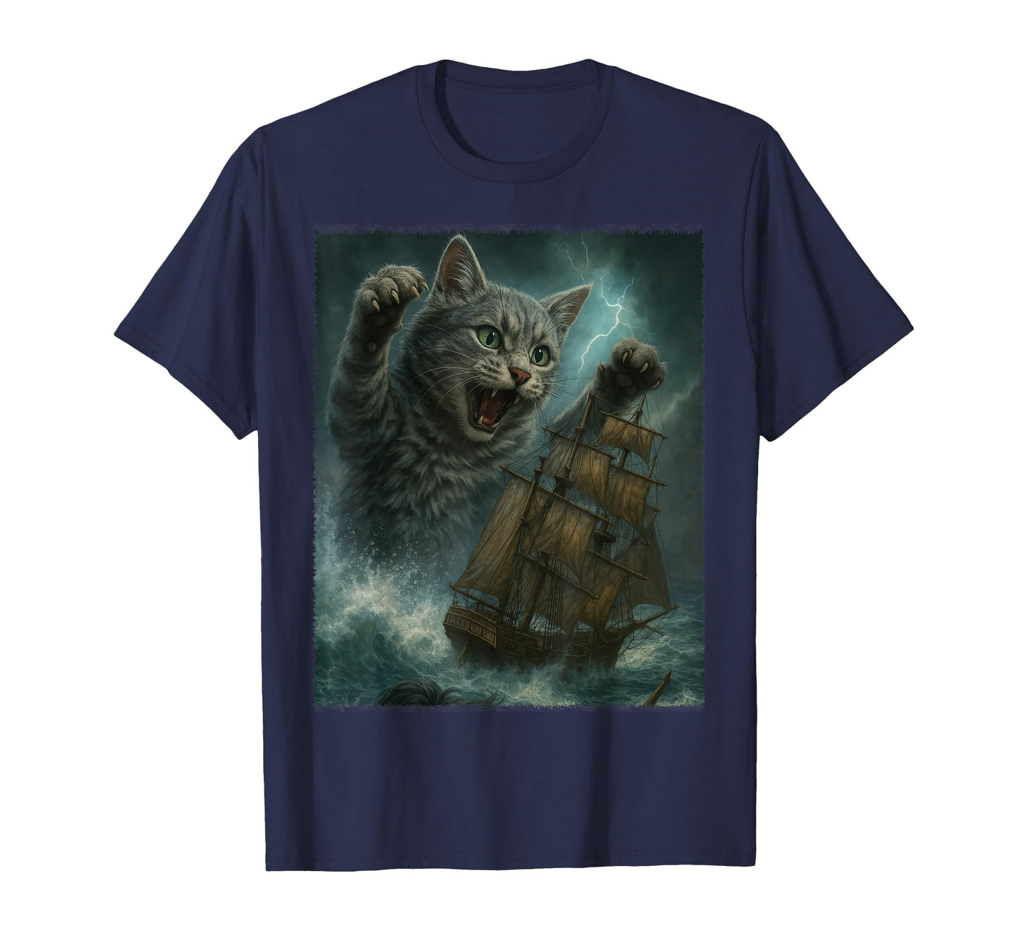 Giant Cat as Kraken Sea Monster Attack Pirate Ship in Ocean T-Shirt