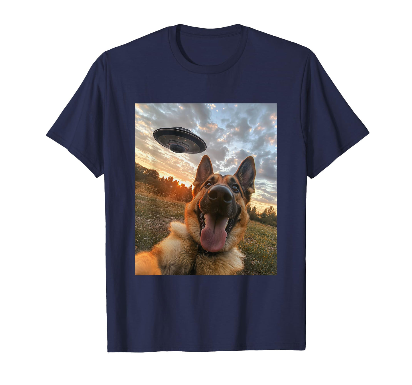 German Shepherd Dog Selfie with UFOs Aliens Funny Graphic T-Shirt