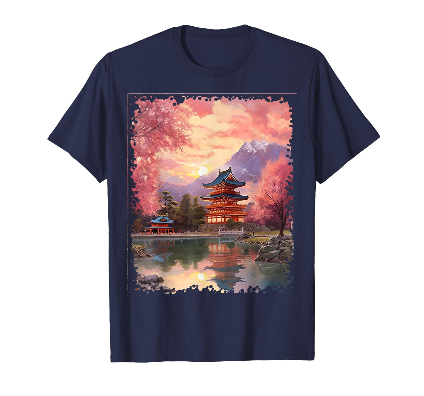 Vintage Japanese Flower Tee Mountain View Landscape Graphic T-Shirt