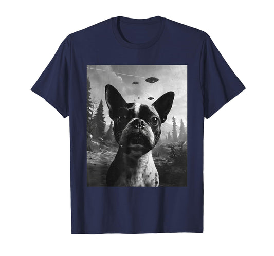 Dog Mom Dad - Funny Alien Selfie Boston Terrier UFO T-Shirt