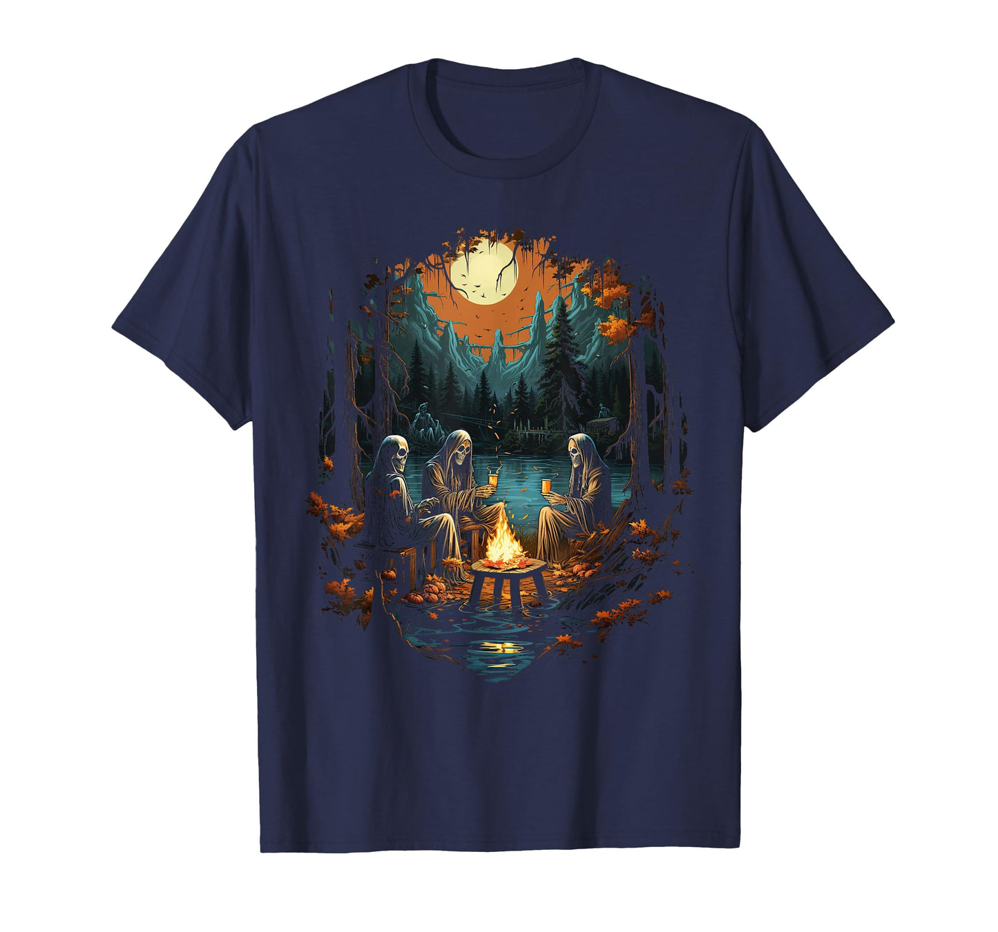 Vintage Ghost and Skeleton by Fire Camping Gothic Halloween T-Shirt