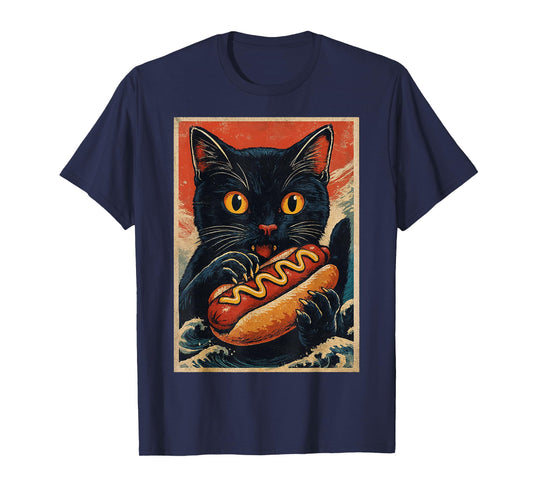 Funny Black Cat Eating Hot Dog Retro Japanese T-Shirt
