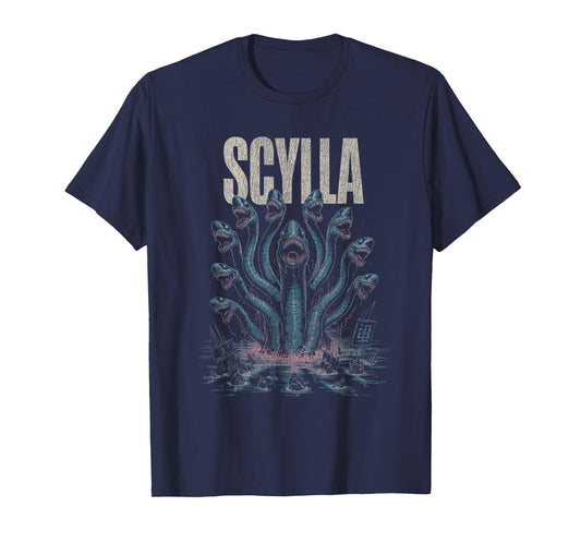 Scylla Sea Serpent Monster with Multiple Heads Sinking Ships T-Shirt