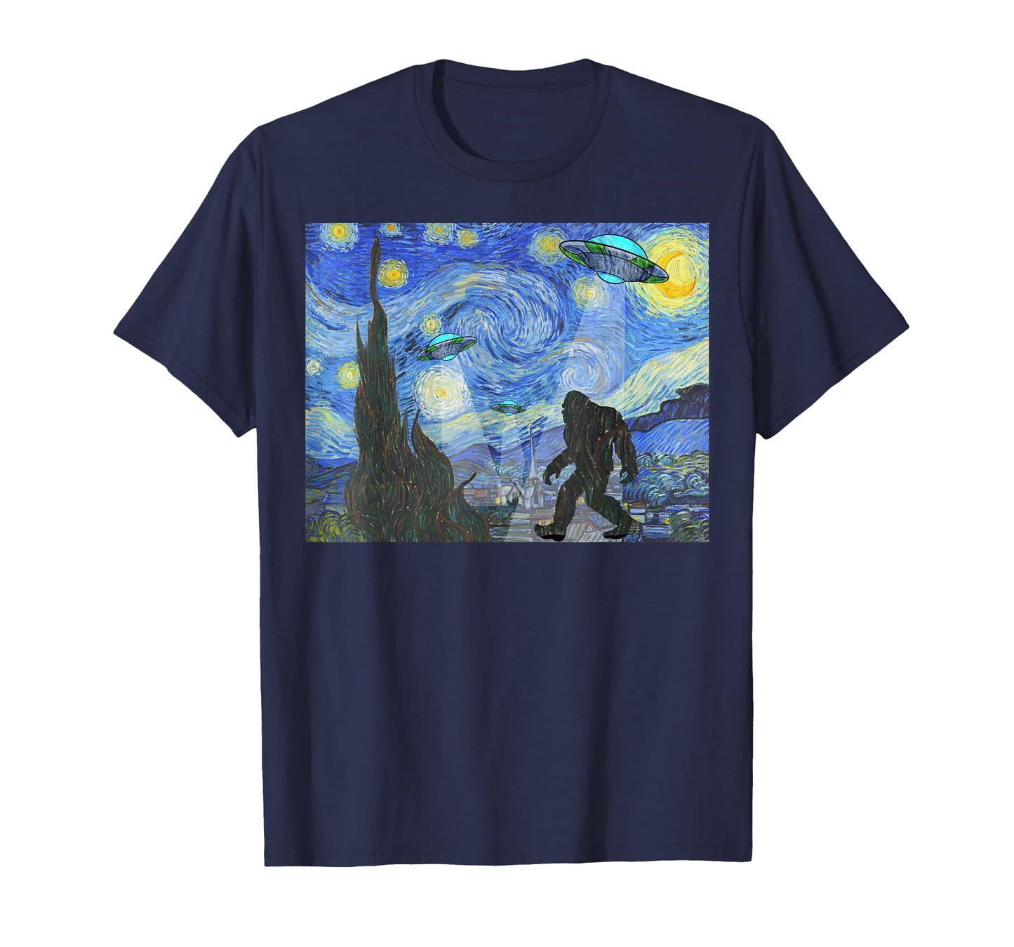 Starry Night Sasquatch And UFO Aliens Bigfoot Graphic T-Shirt