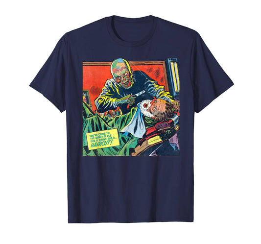 Vintage Barbershop Haircut Shaving Barber Horror Poster T-Shirt