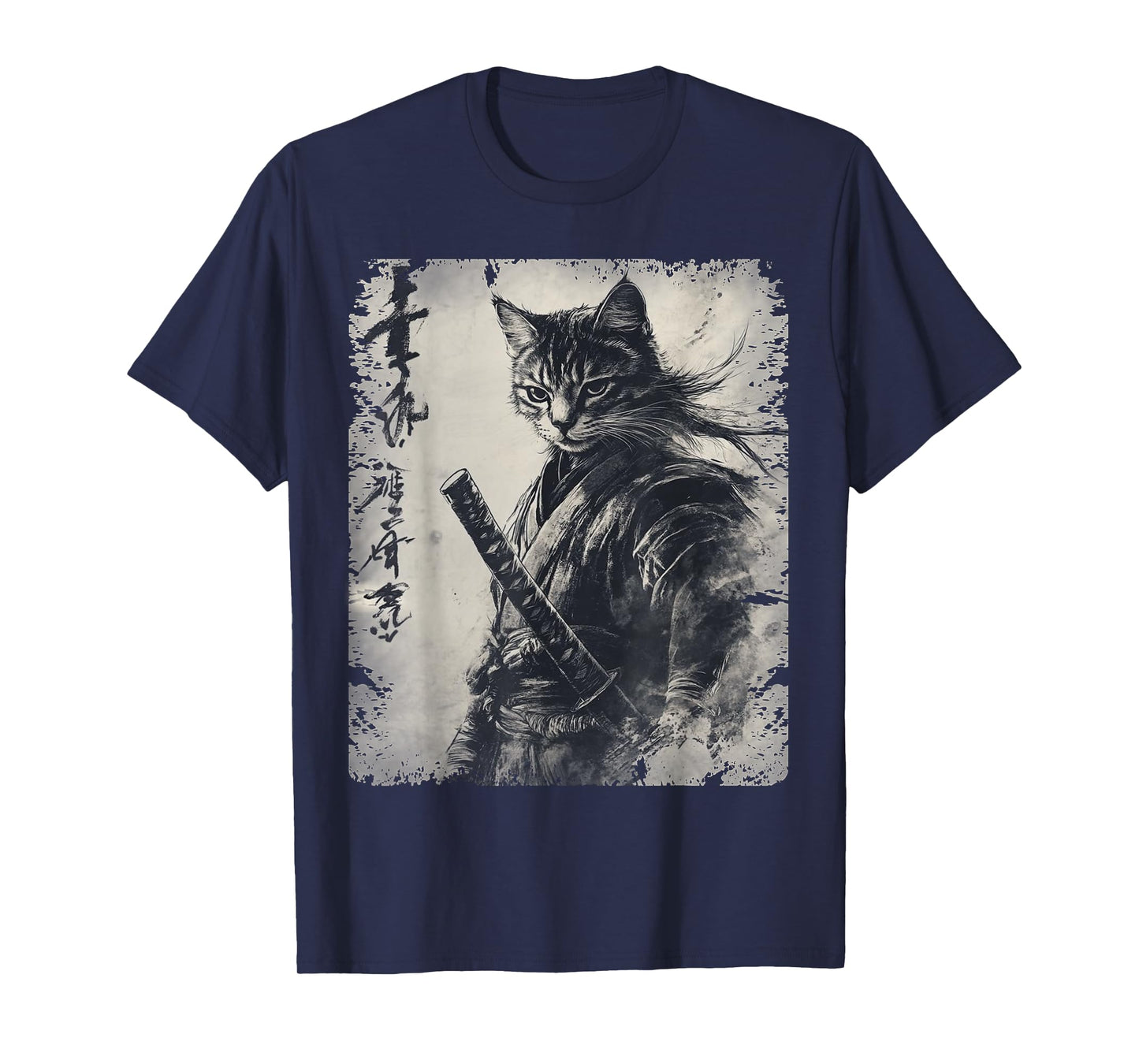 Samurai Cat Graphic Warrior Vintage Japanese Art Anime T-Shirt