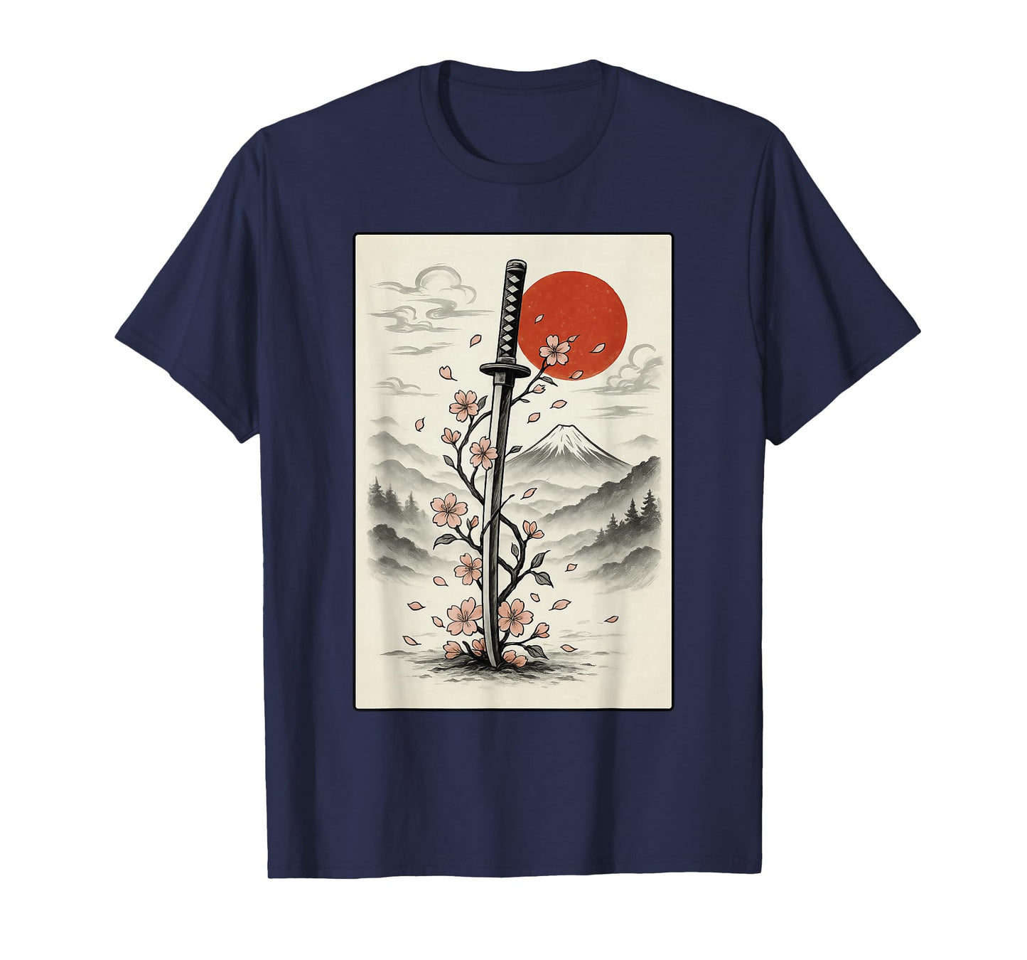 Cool Floral Art Anime Japanese Samurai Katana Sword Graphic T-Shirt