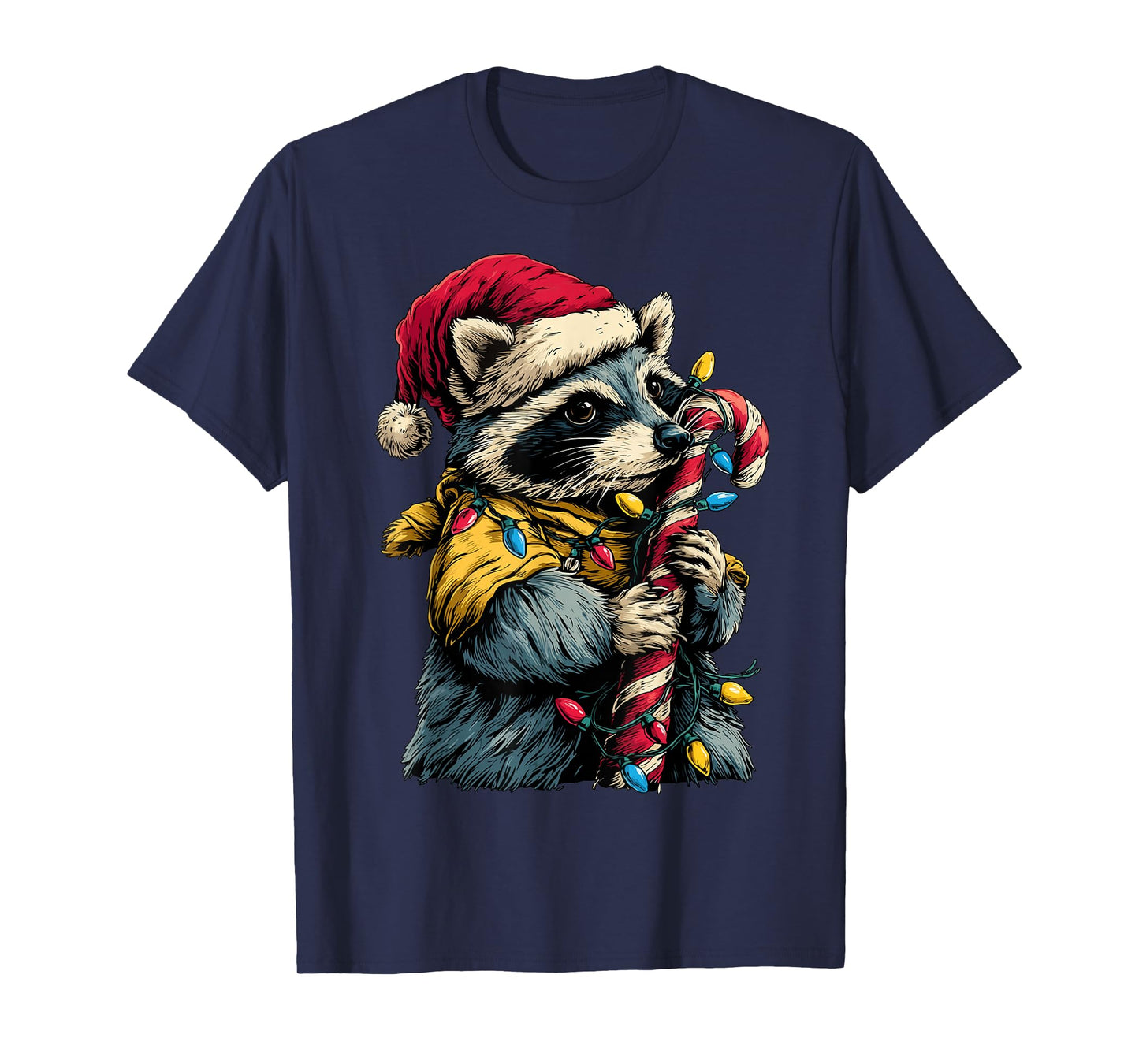 Cute Raccoon with Candy and Christmas Lights Festive Animal T-Shirt
