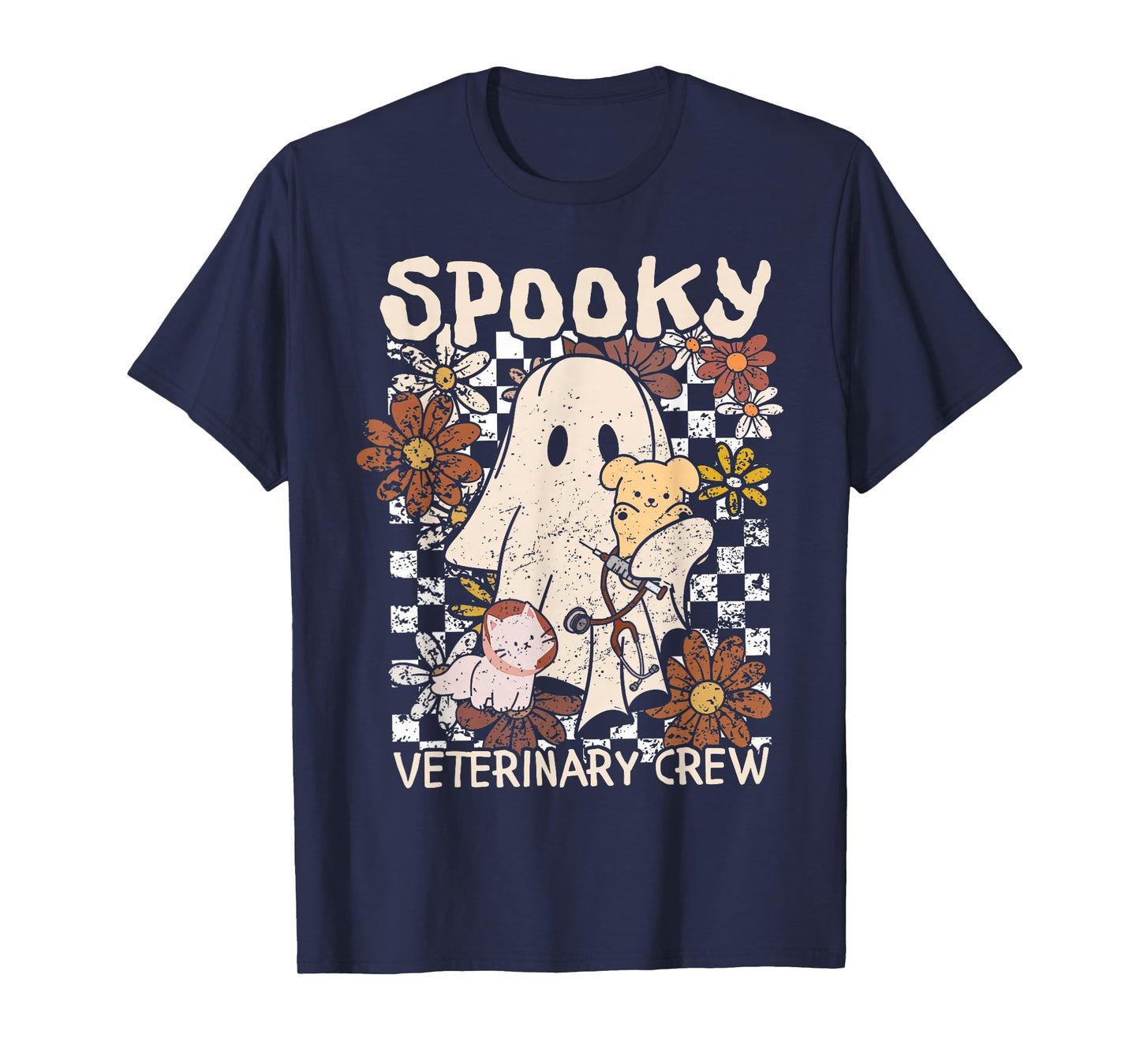 Spooky Ghost Holding Dog Cat Veterinarian Halloween Vet Tech T-Shirt