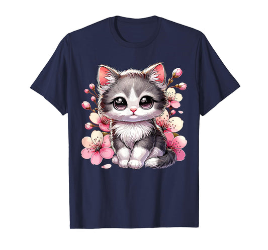 Cute Cat with Cherry Blossoms Cat T-Shirt