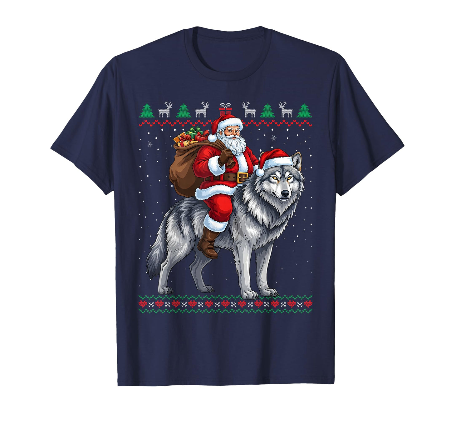 Santa Riding a Wolf Christmas Funny Ugly Sweater T-Shirt