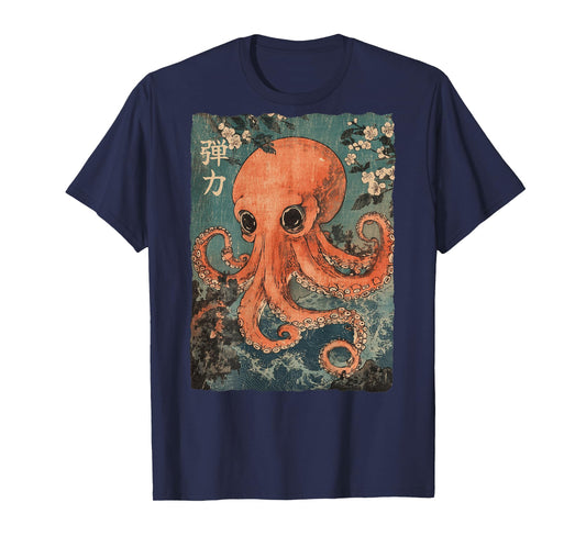 Octopus and Cherry Blossom Tree Japanese Woodblock Art T-Shirt
