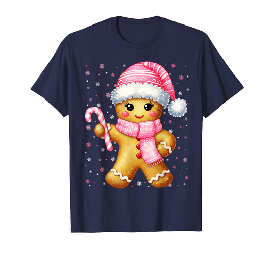 Cute Gingerbread Pink Candy Cane Christmas Xmas Girl Women T-Shirt