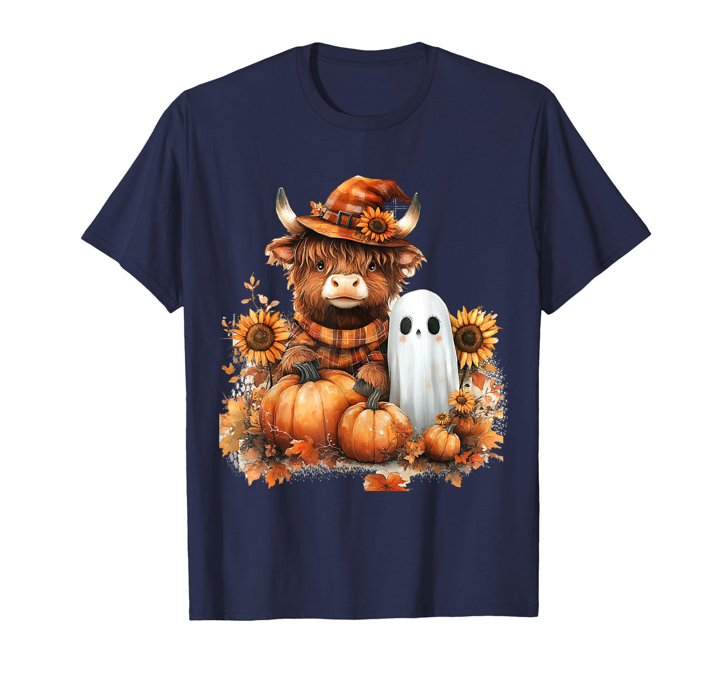 Highland Cow Ghost Pumpkin Sunflower Fall Cute T-Shirt