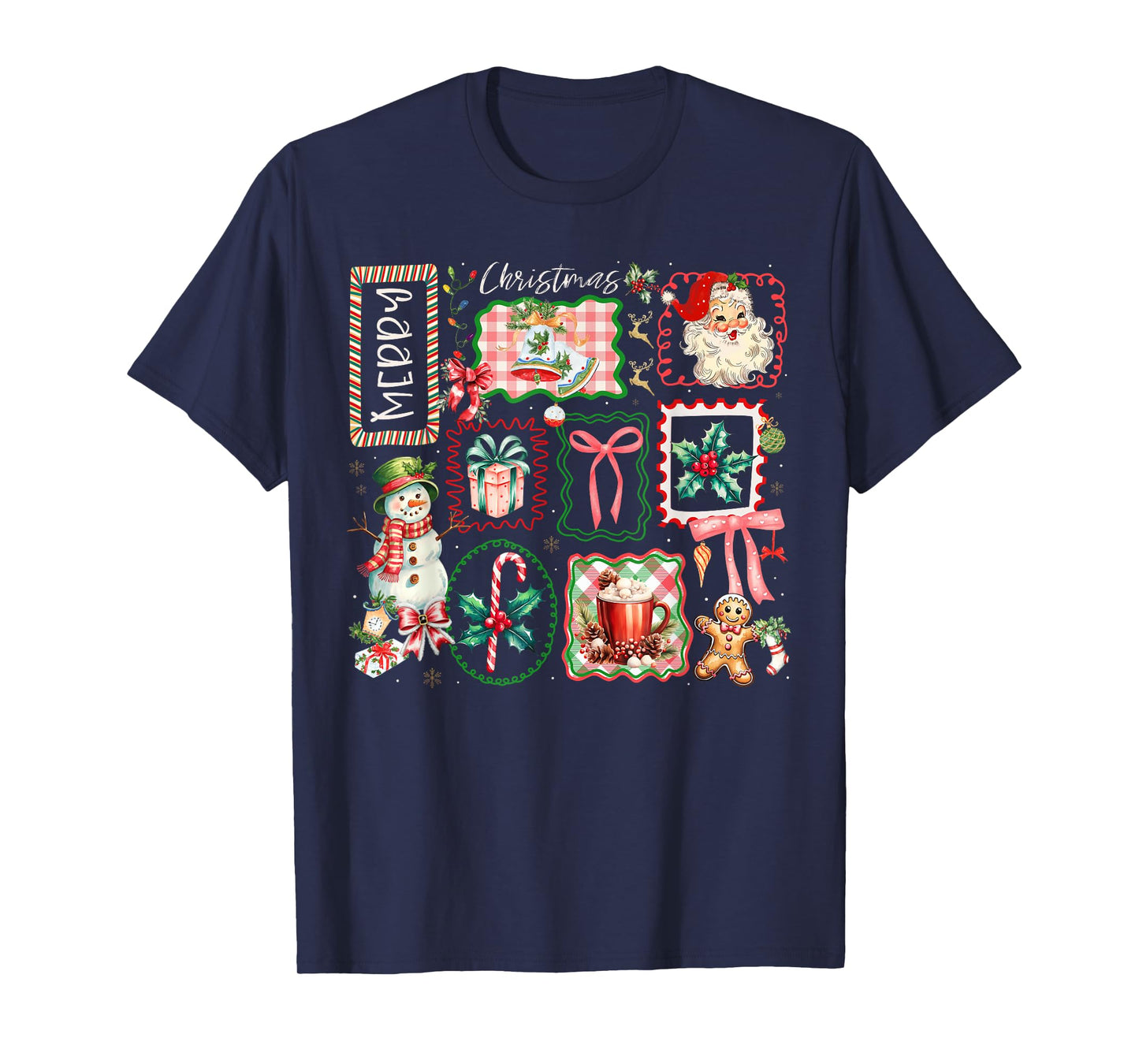 Merry Christmas Santa Snowman Candy Cane Gingerbread Bow T-Shirt