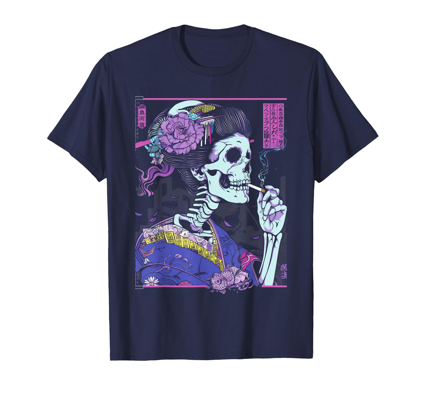 Anime Japanese Goth Cyberpunk City Skull Kimono Vintage T-Shirt