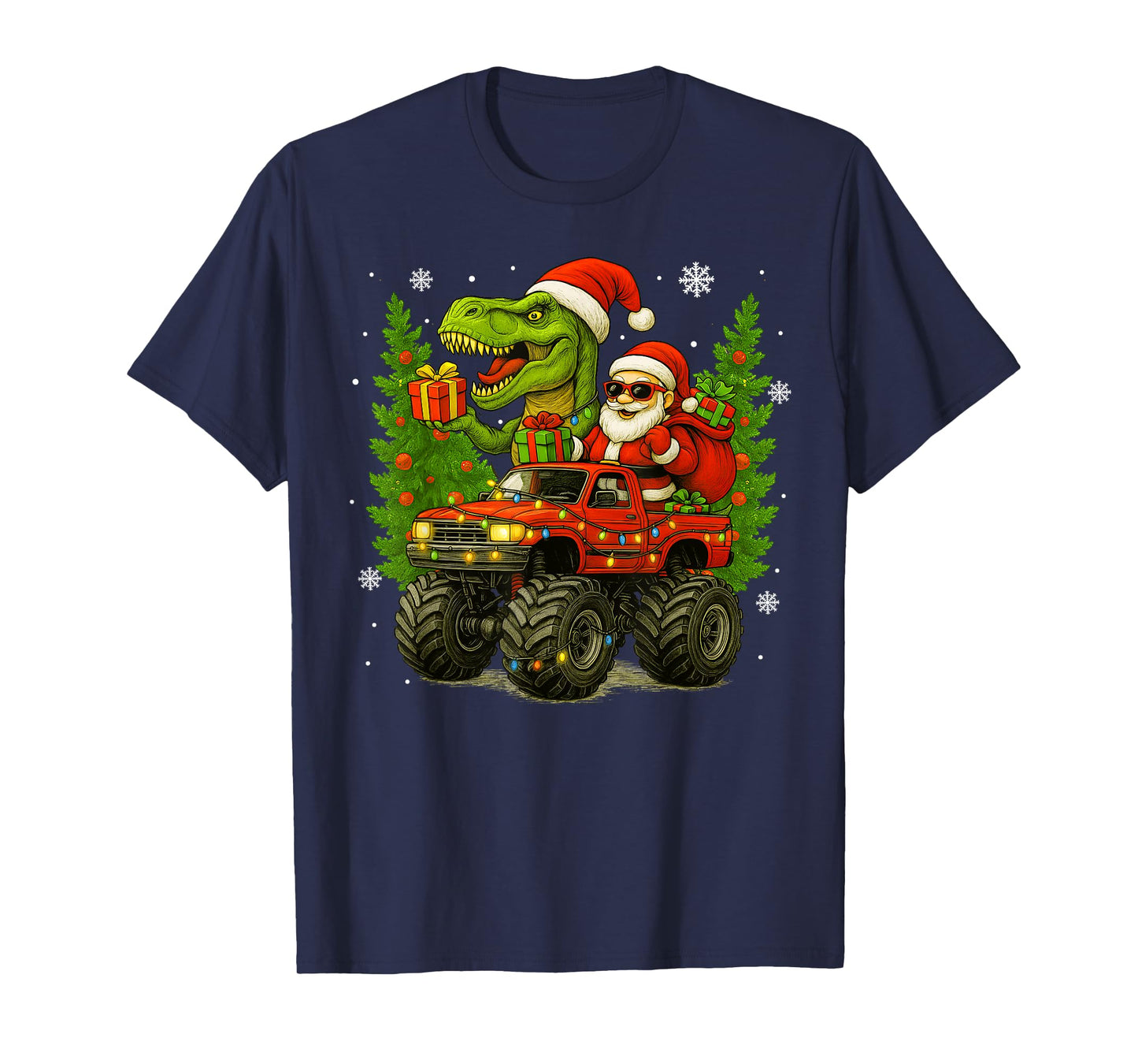 Christmas Santa Monster Truck Dinosaur Lover Men Boy Kid T-Shirt