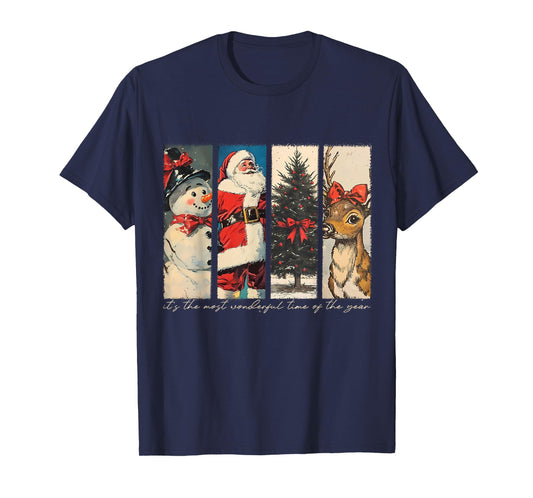 Retro Christmas Santa Claus Snowman Reindeer Christmas Tree T-Shirt