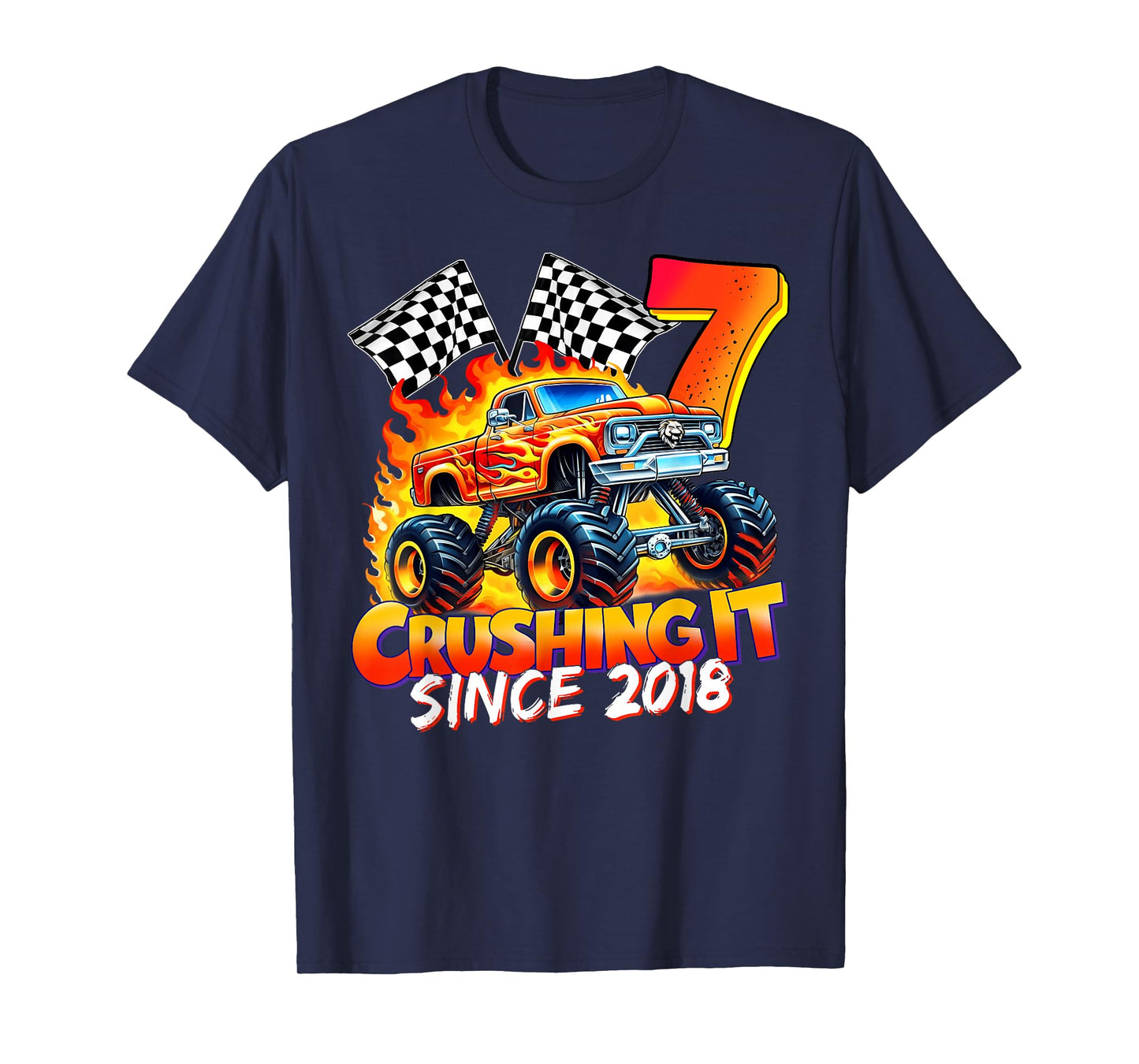 Monster Truck Birthday 7 Year Old Born 2018 7th Party Boys T-Shirt
