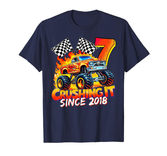 Monster Truck Birthday 7 Year Old Born 2018 7th Party Boys T-Shirt