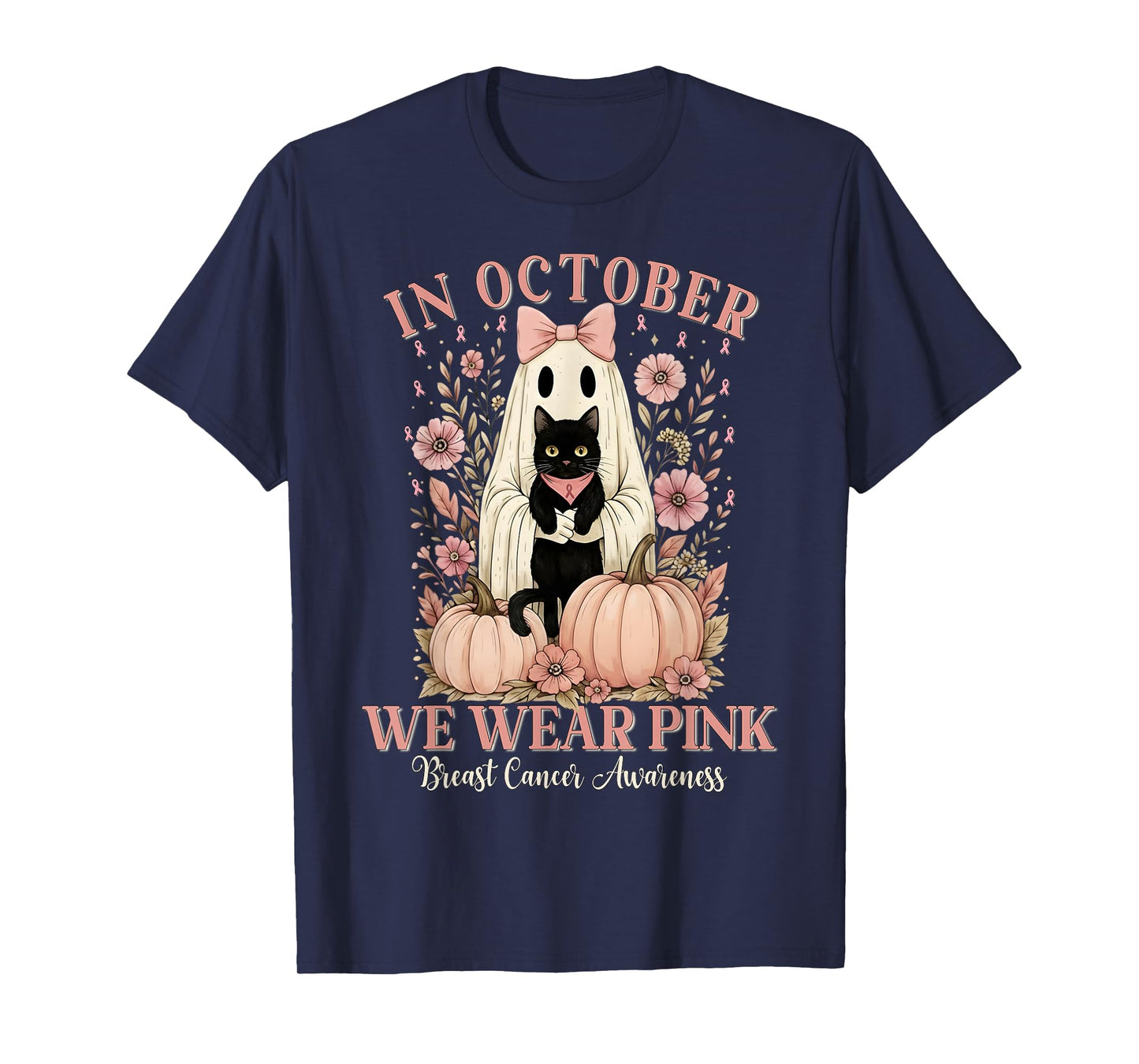 in October We Wear Pink Ghost Halloween Cat Breast Cancer T-Shirt