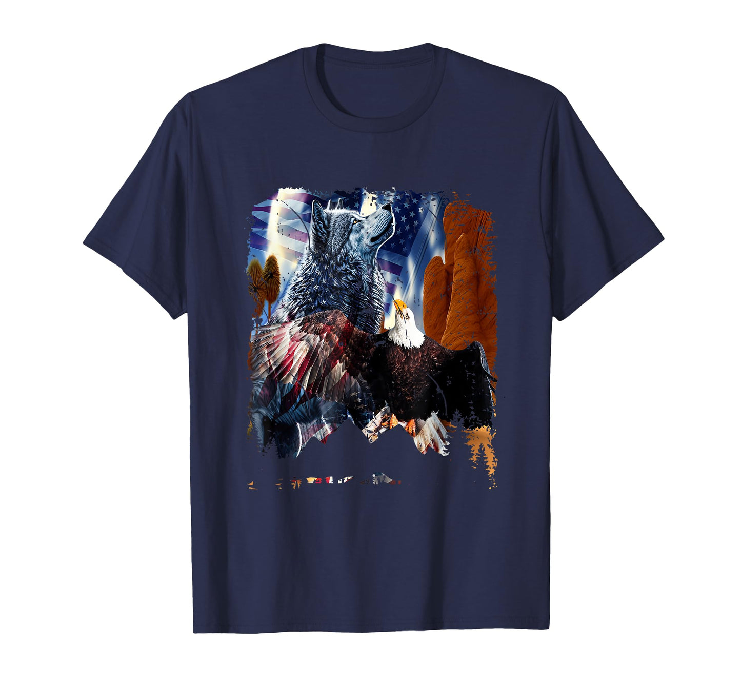 Wolf With Bald Eagles American Flag Patriotic Independence Women Men T-Shirt