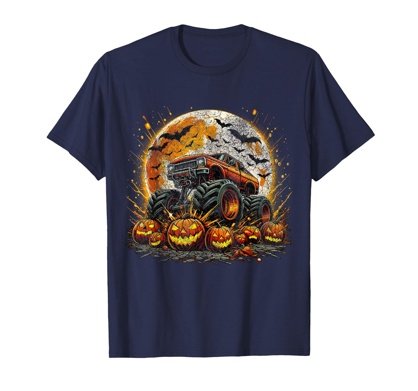 Monster Truck Pumpkin Halloween Jack O Lantern Moon T-Shirt