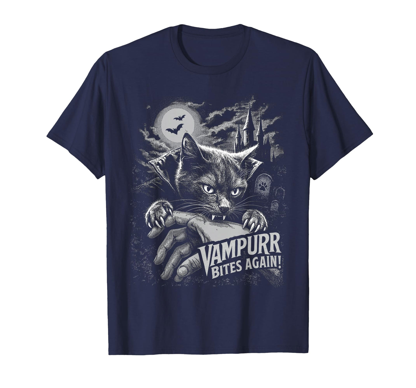 Funny Cat Vampurr Bites Again Halloween Vintage Graphic T-Shirt