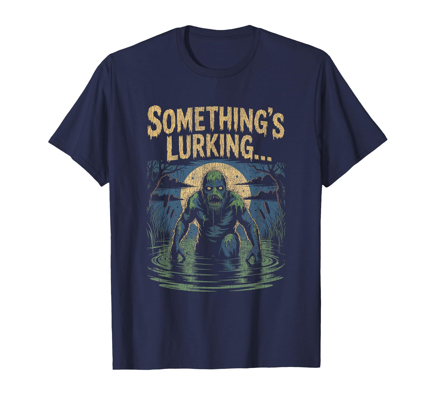Swamp Creature Emerging from Water Under Full Moon Halloween T-Shirt