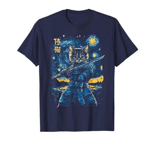 Japanese Samurai Ninja Cat in Starry Night Style T-Shirt