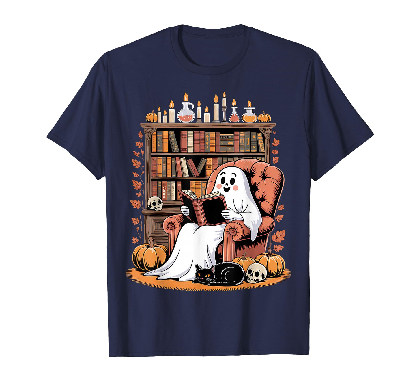Retro Ghost Reading Books cat, Librarian Ghost Halloween T-Shirt