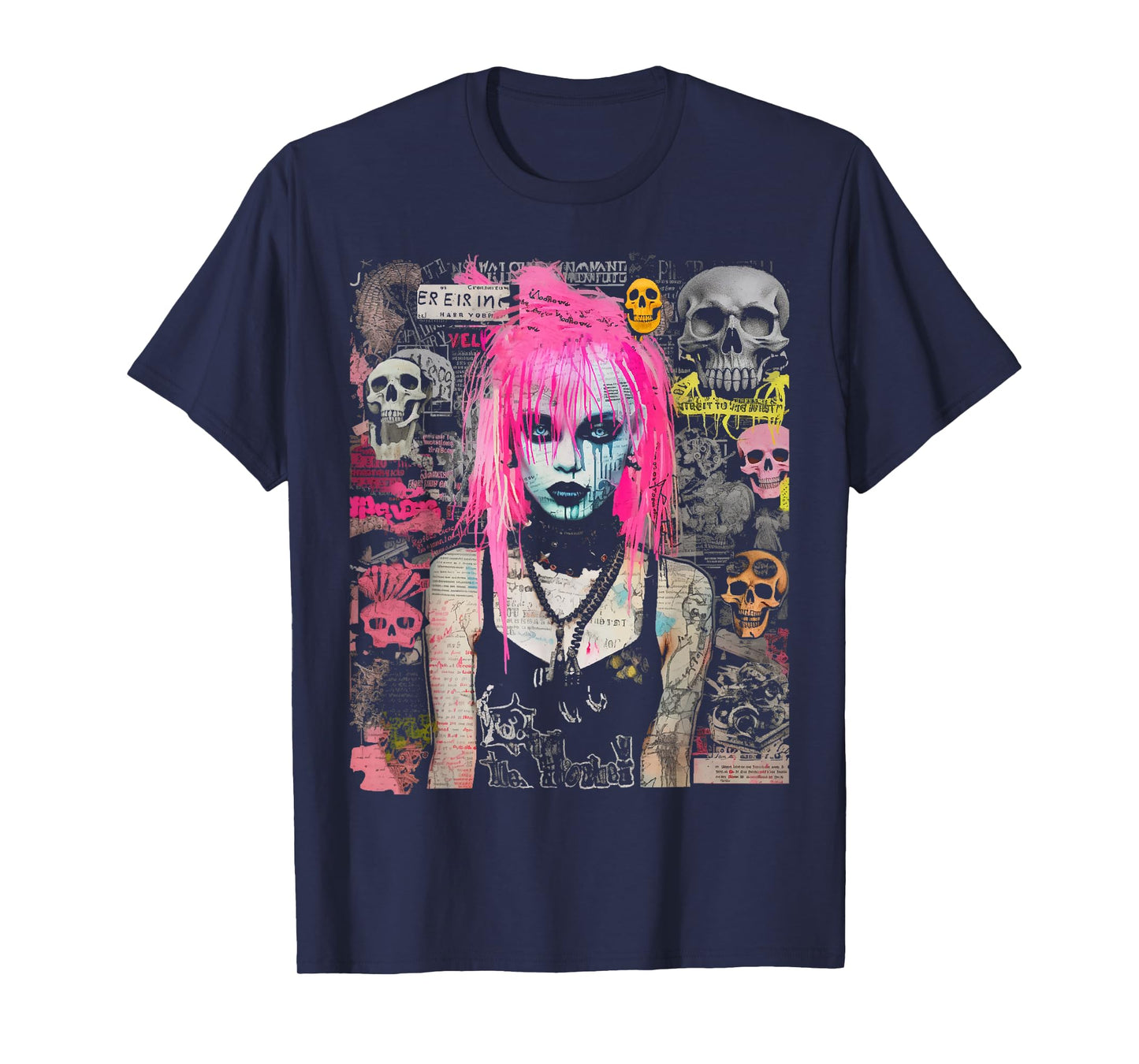 Pink Hair Punk Goth Witch With Skull Collage Background T-Shirt