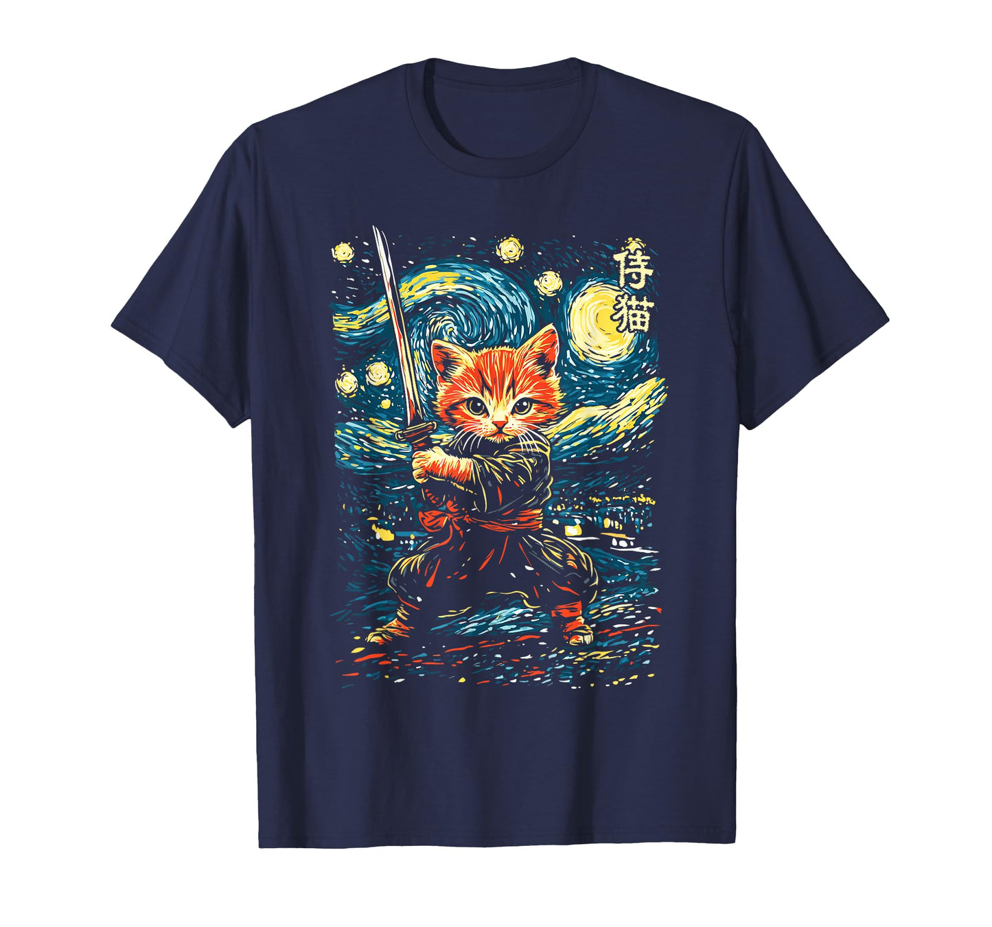 Japanese Samurai Ninja Cat in Starry Night Style T-Shirt