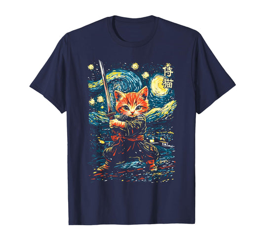 Japanese Samurai Ninja Cat in Starry Night Style T-Shirt