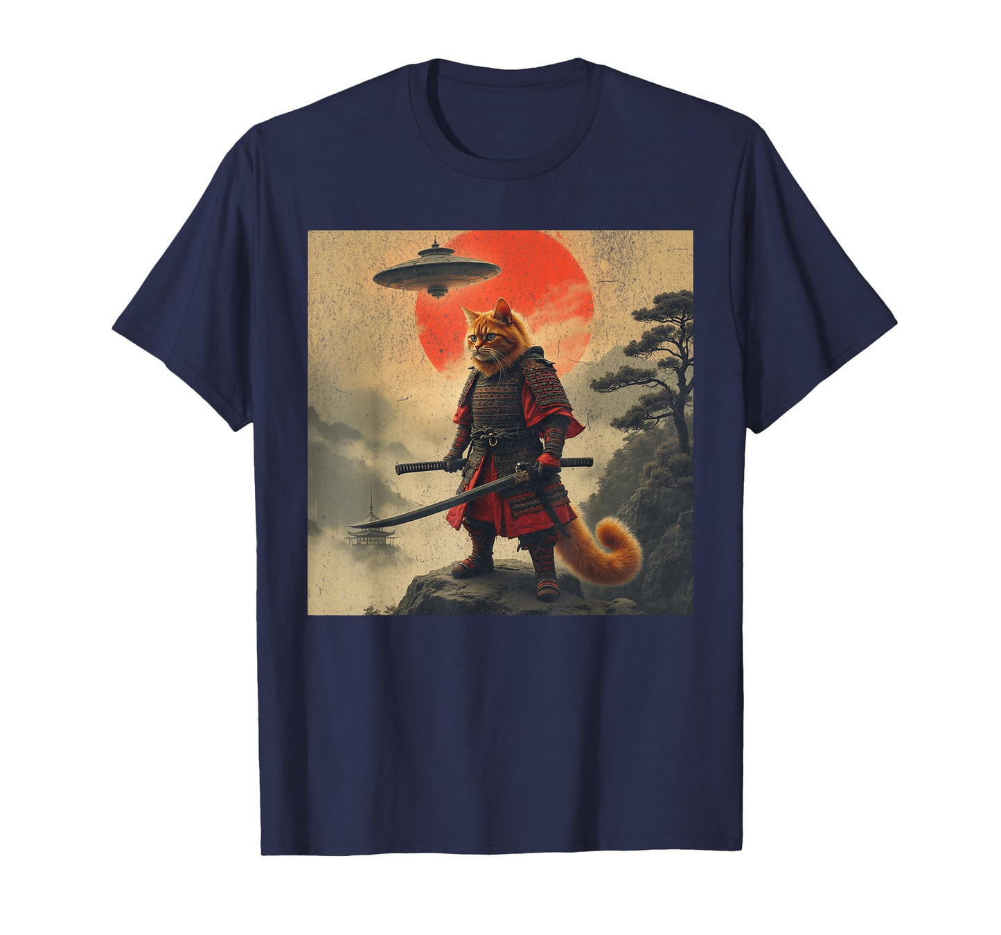 Samurai Orange Cat Warrior Japanese UFO Vintage Ukiyo-e Art T-Shirt