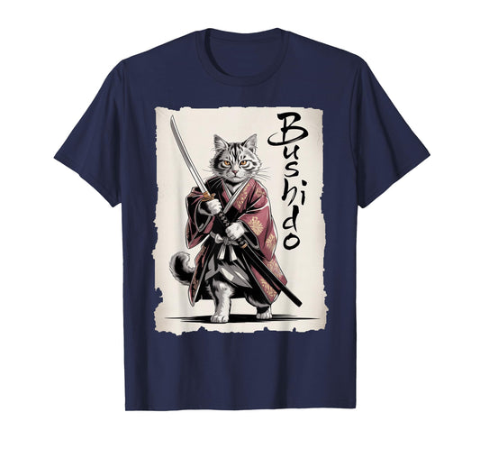 Samurai Cat Vintage Ukiyo-e Warrior Art Graphic Fun Cat Art T-Shirt