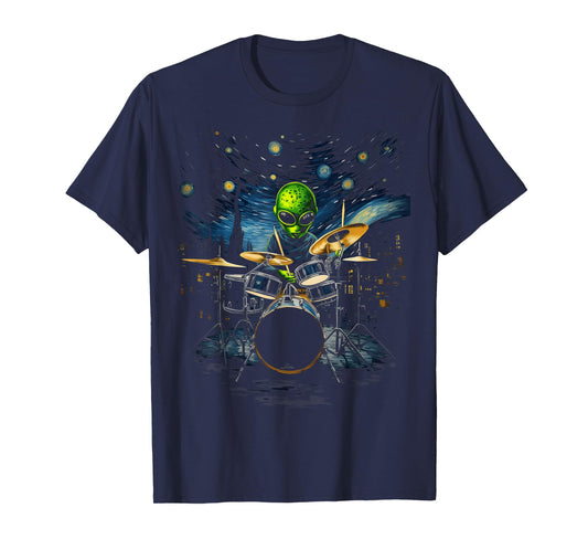 Drum Kit Percussionist Drummer Van Gogh Alien Playing Drums T-Shirt
