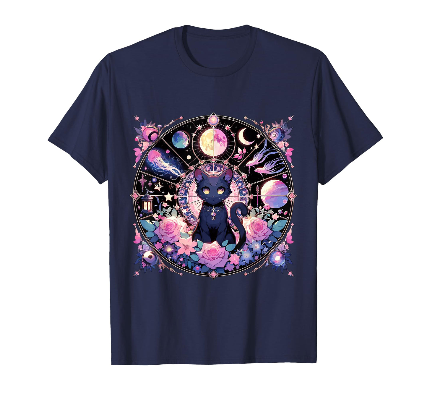 Moon Phases Crystal Witchy Cute Black Cat Kawaii Pastel Goth T-Shirt
