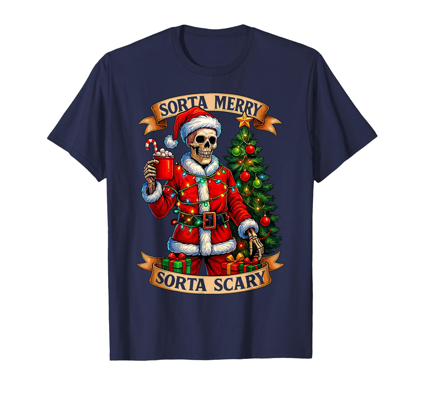 Sorta Merry Sorta Scary Christmas Funny Skeleton Xmas Tree T-Shirt