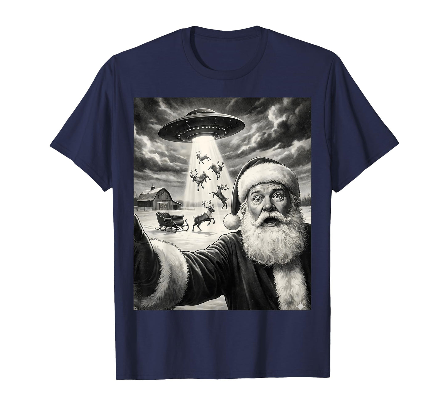 Santa Selfie with Alien UFO Funny Reindeer Men Women Kids T-Shirt